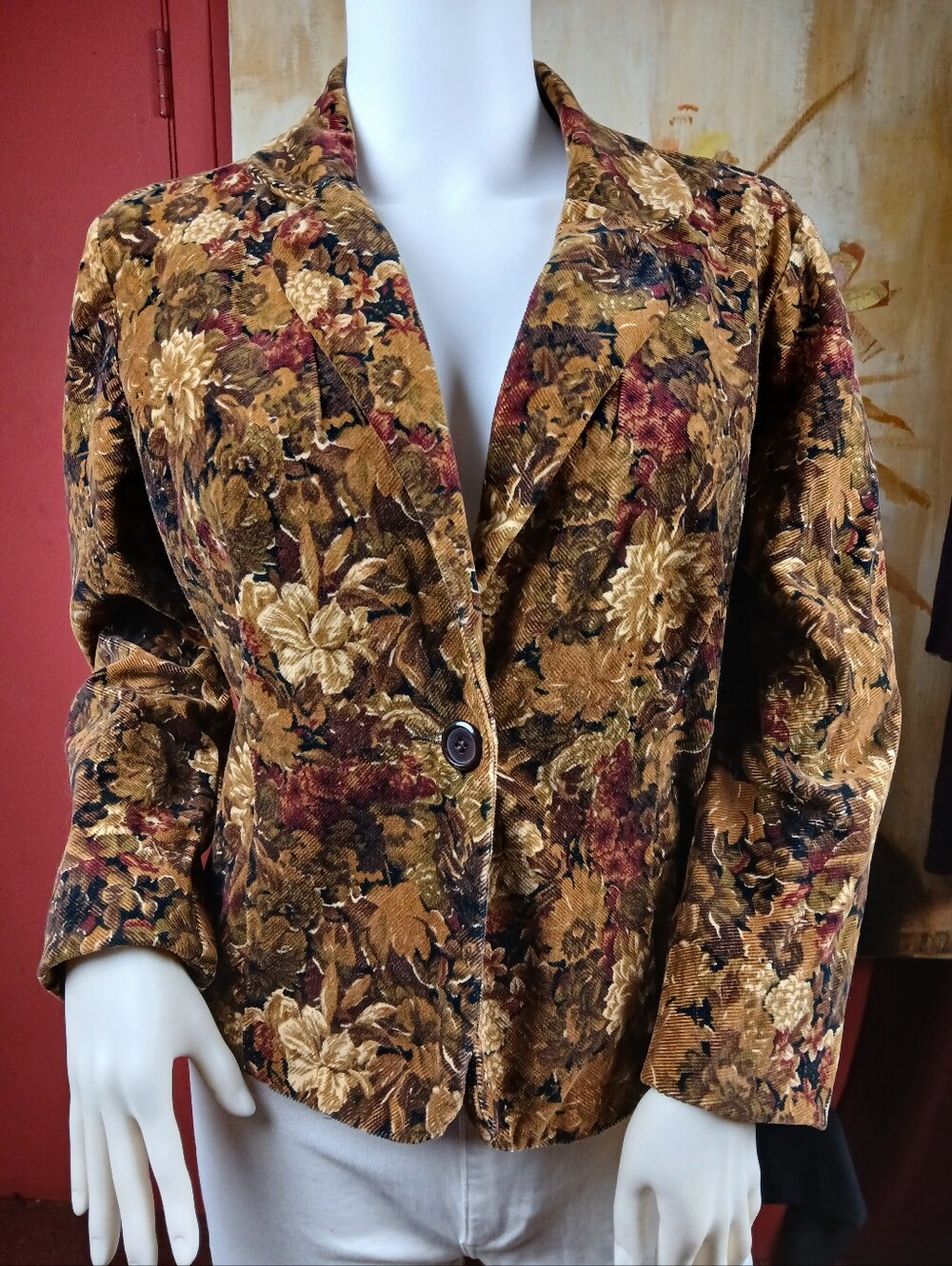 Briggs Petite Vintage Floral Corduroy Button Up Blazer Jacket M